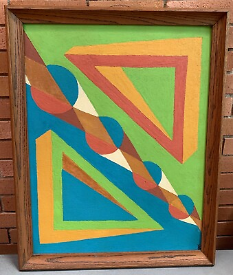 #ad Vintage 60s Geometric Shapes Painting Mid Century Modern Wall Hanging Art Signed $425.00