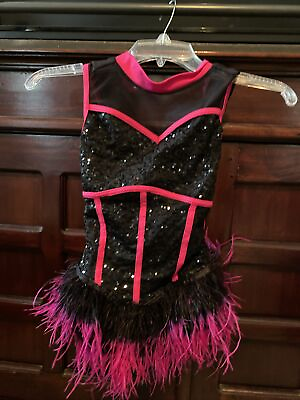 #ad Weissman Elite Dance Costume Red Black Ostrich Feathers Size medium Child Sequin $29.99