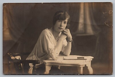 #ad RPPC Pretty Woman Sitting at a Desk Studio Portrait Postcard $8.00
