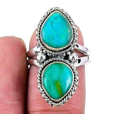 #ad Natural Tibetan Turquoise Gemstone Statement Ring Size 7.5 925 Sterling Silver $15.99