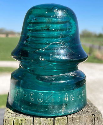 #ad VINTAGE Green BROOKFIELD NEW YORK glass insulator round top 1 wire 3.5quot; tall $29.97