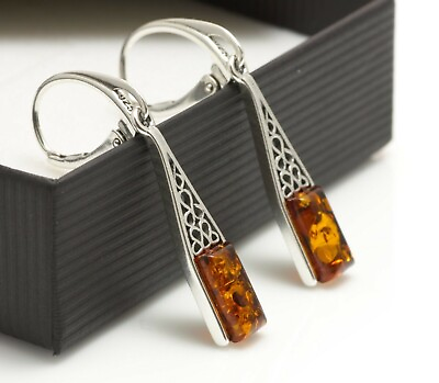 #ad NATURAL BALTIC AMBER STERLING SILVER 925 Long Earrings Drop Dangle Certified GBP 32.99
