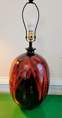 #ad Vintage MCM Mid Century Modern Red Black Drip Glaze Ceramic Table Lamp Free Ship $295.00