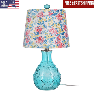 #ad Modern Table Lamps W Pretty Posies Linen Shade Living Room Bedroom Decor Teal $37.99