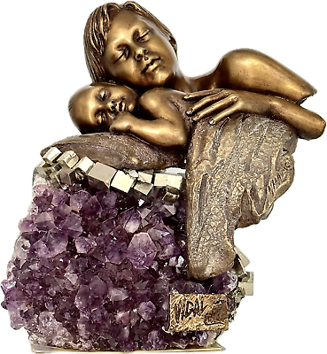 #ad Bronze MOTHER amp; BABY STATUE W Semi Precious Amethyst stone by Jose Luis SPAIN $495.00