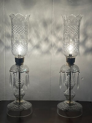 #ad Pair of Cut Crystal Boudoir Hurricane Electric Lamps $255.00