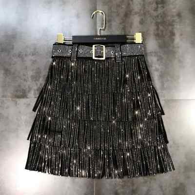 #ad Women Skirt New Autumn High Waist Belt Multi Layer Short Drilling Fringed Skirt $91.85