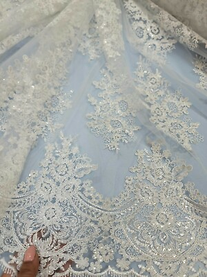 #ad Off White Bridal Lace Floral Flowers Embroidered Clear Sequin Fabric By The Yard $24.99