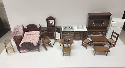 #ad Vintage Lot Dollhouse Furniture Brass Wood Wooden Kitchen Bedroom Dining Room $34.95