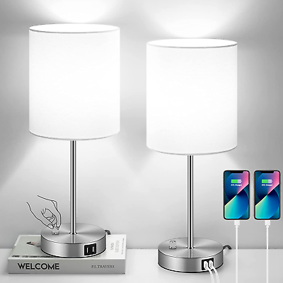 #ad Set of 2 Table Lamps with USB Ports White Bedside Lamps with AC Outlet Modern $50.88