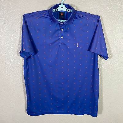#ad Donald Ross Sport Polo Shirt Mens Large Blue Golf Performance Camp Fire Print $24.99