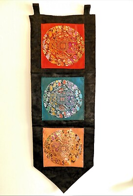 #ad VINTAGE ASIAN CHINESE EMBROIDERED 3 POCKET HANGING COLORFUL WALL TAPESTRY $12.00