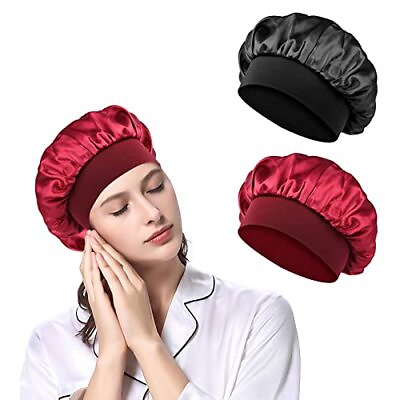 #ad URAQT Satin Sleep Cap 2 Pack Large Night Head Cover for Women Soft $12.99