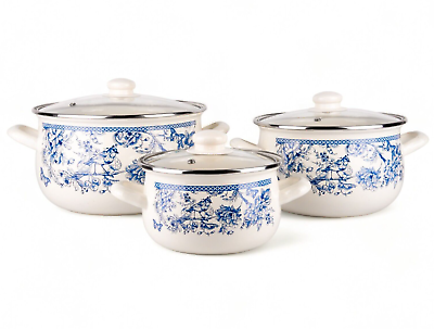 #ad BLUE BIRD Enamel Pot Set Stockpot Cooking Pot Set Vintage Style Pot SET OF 3 $89.95