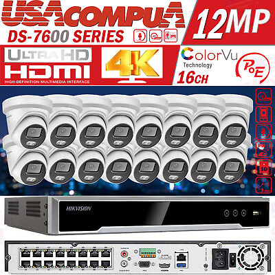 #ad Hikvision 4k Acusense 12MP NVR 16CH IP Camera System DS 2CD2347G2 LU 4MP Lot $119.99