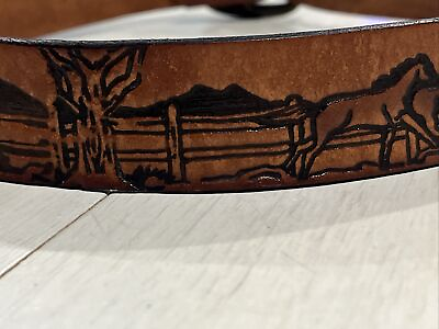 #ad Vtg Horse Lover Belt Handmade Embossed Leather Western Cowgirl Rodeo Mountains $21.95