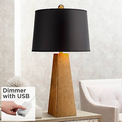 #ad Modern Table Lamp with USB Port Gold Leaf Black Drum Shade for Living Room $159.98