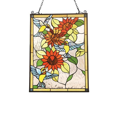 #ad Tiffany style Stained Glass Sunflowers amp; Birds Window Panel LAST ONE THIS PRICE $149.88