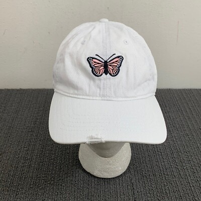 #ad Butterfly Distressed Baseball Hat Womens OSFM White Pink Adjustable Strapback $4.99