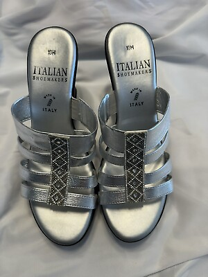 #ad Italian Shoemakers Silver Leather Rhinestones Wedge Slides Womens Size 10 NWOB $14.99