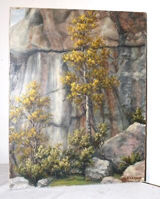 #ad vintage original J Bierbaum oil painting landscape rock mountain realism canvas $175.49