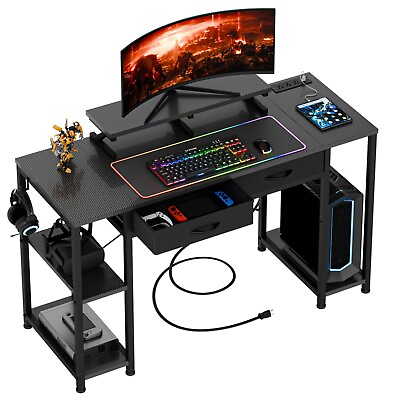 #ad 47quot; Computer Desk with Drawer Shelves Charging Ports Gaming Writing Work Carbon $109.99