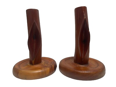 #ad Vintage 70#x27;s Hand Carved Pair Wooden Candlestick Candle Holder $29.99