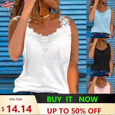 #ad Sexy Women Solid Sleeveless Vest Ladies Lace Casual Blouse Beach Cami Tank Top $14.14