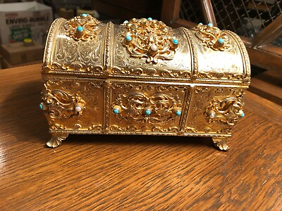 #ad Ornate Gold Gilded Jewel Desk Box W Inset Semi Precious Stones amp; Pearls Trump $875.00