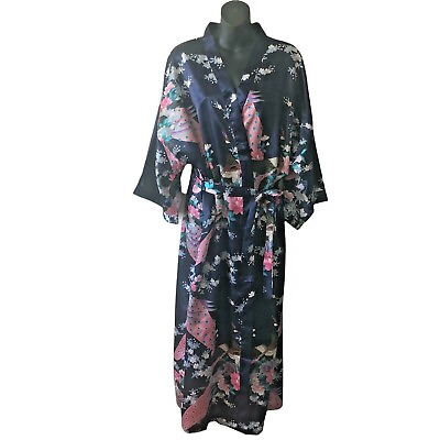#ad Japanese Style Kimono Robe Loungewear Yukata Sleeves Floral Peacock XL NWOT $62.00