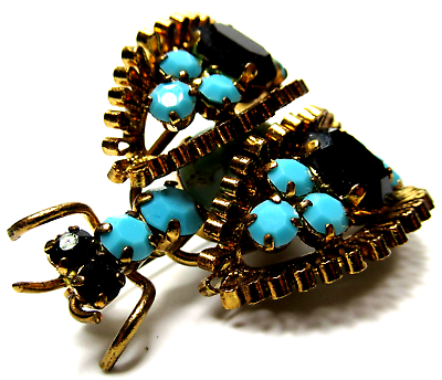#ad Beautiful Black amp; Blue Rhinestone Bug Vintage Pin Brooch Austria? $69.99