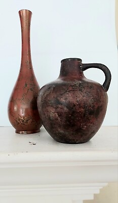 #ad Vintage Pair Art Metal Weed Pot Jug amp; Vase Handmade Round Mid Century Modern $326.00