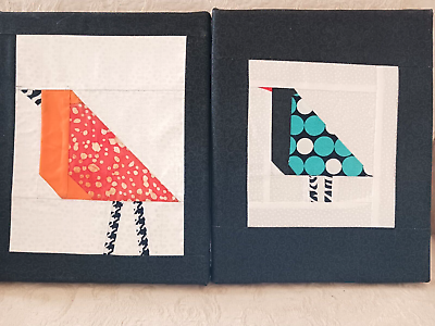 #ad 2 Finished Patchwork Quilt Blocks Birds in Charley Harper Style Orange Blue Wood $35.00