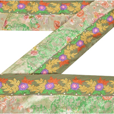 #ad Sanskriti Vintage Sari Border Indian Craft Green Trim Hand Beaded Sewing Lace $8.75