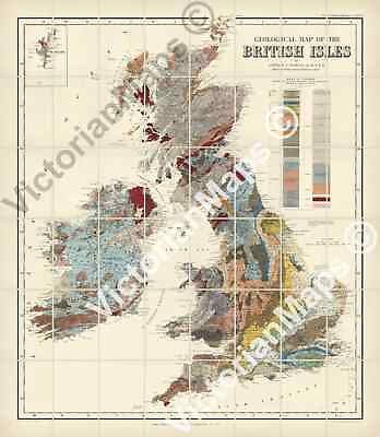 #ad old geological map British Isles Ramsay Stanford 1878 Victorian art print poster GBP 23.70