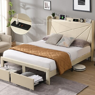 #ad Upholstered Full Size Bed with Storage Headboard and Charging Station Beige SALE $199.96