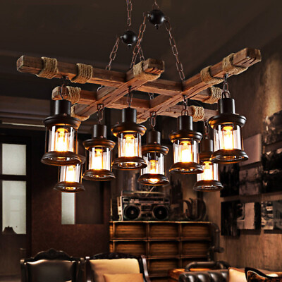 #ad Antique Style 8 Light Ceiling Light Lodge Chandelier Wood Pendant Hanging Light $159.00