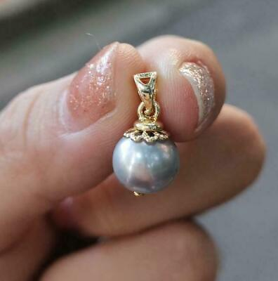 #ad Excellent 10 9mm AAAA Silver Round Gray South Sea Pearl Pendant 14k Gold P $69.99