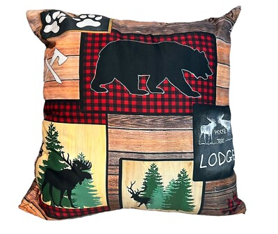 #ad Animal Lodge Throw Pillow Cover Bear Moose Buffalo Plaid Band Deer Cabin $each $16.99