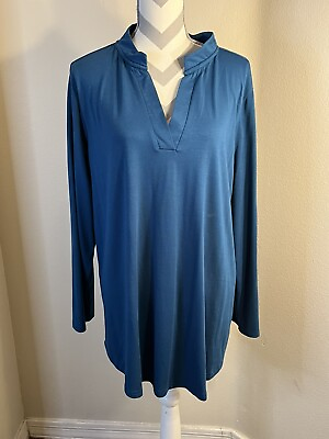 #ad AMCLOS Womens Teal Blue Roll Tab Long Sleeve Pullover Blouse Shirt Top Sz XL 573 $5.00