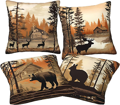 #ad Rustic Lodge Animals Bear Moose Deer Throw Pillow Covers 18 X 18 Inch Set of 4 C $25.96