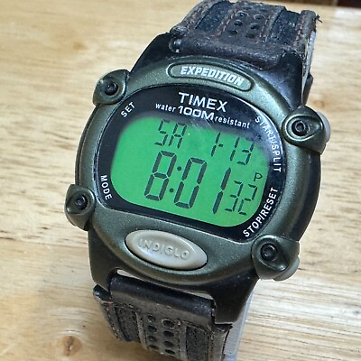 #ad Timex Digital Quartz Watch Expedition Men Black Green Alarm Chrono New Battery $27.99