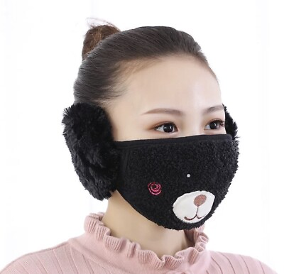 #ad Face Mask Reusable washable 2 in 1 Mouth Cover Earmuff Plush Bear Warm Mask $12.99