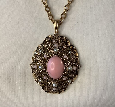 #ad Avon 1974 Gold Toned Filigree Necklace Pink Cabochon Stone Vintage Rare 111 $22.95