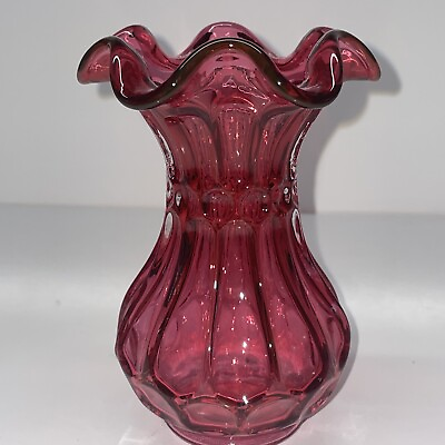 #ad Fenton Art Glass Cranberry Ruffled Melon Vase Signed Fenton 5.5” $20.00