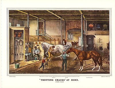 #ad 1952 CURRIER amp; IVES HORSE TROTTING CRACKS AT HOME 12x15 PRINT LITHOGRAPH $9.95