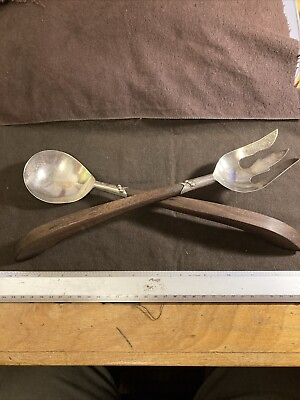 #ad MADE in MEXICO STERLING SILVER WOOD HANDLES Vintage SALAD SERVING SET MCM $55.00
