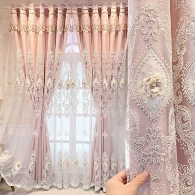#ad Curtains Bedroom Double Layer Curtain Cloth Yarn Relief Embroidery Window $300.13