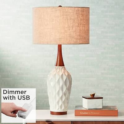 #ad Modern Table Lamp with USB Port 30quot; Tall White Ceramic Tan Shade for Living Room $149.94