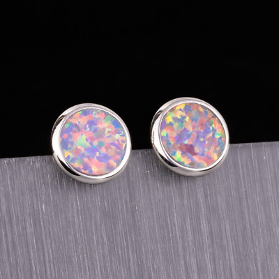 #ad Lavender Purple Fire Opal Round Silver Jewelry Women Stud Earrings $3.99